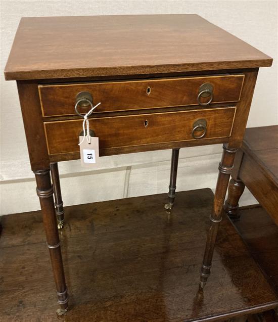 A Regency mahogany two drawer work table, fitted two small drawers, width 48cm, depth 40cm, height 73cm